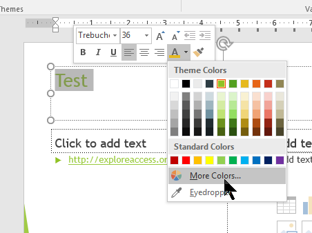 Highlighting text select color pallette dropdown menu and select more colors