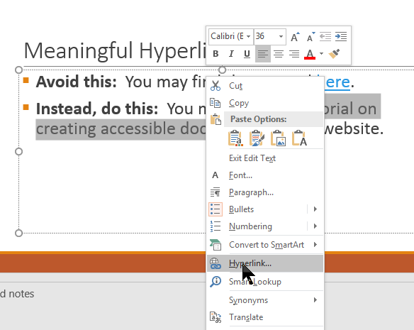 Select Hyperlink from context menu