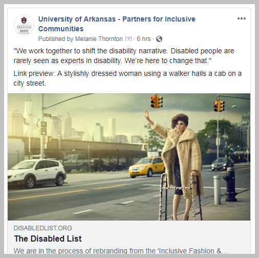 A link to an article called The Disabled List is shared to UA Partners for Inclusive Communities page. The image is described as "Link Preview: A stylishly dressed woman using a walker hails a cab on a city street.