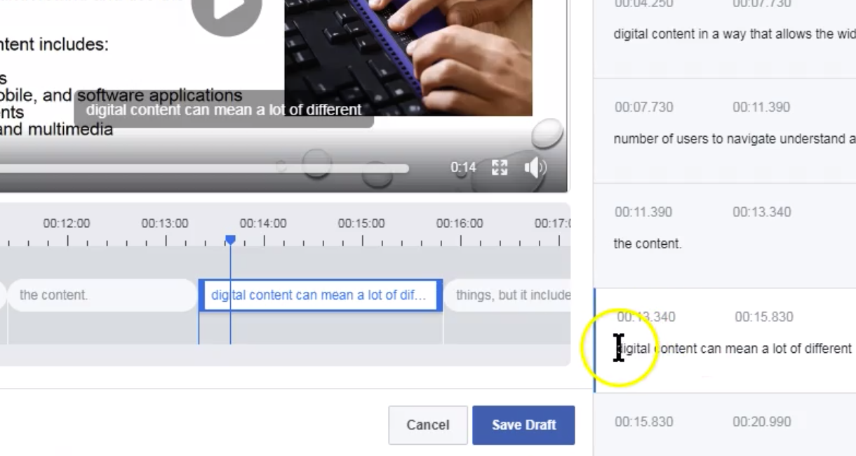 Screenshot of caption editing tool with video on the left and timestamps with text on the right
