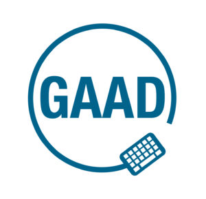 GAAD Logo: The GAAD logo has the letters G A A D in the center, written all in capital letters surrounded by a keyboard with the attached cord encircling the letters